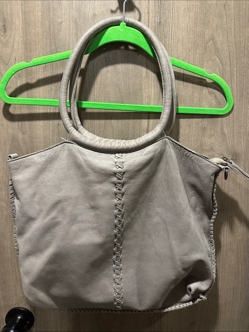 Latico Gray Leather Tote with Round Handles and Whipstitch Detail